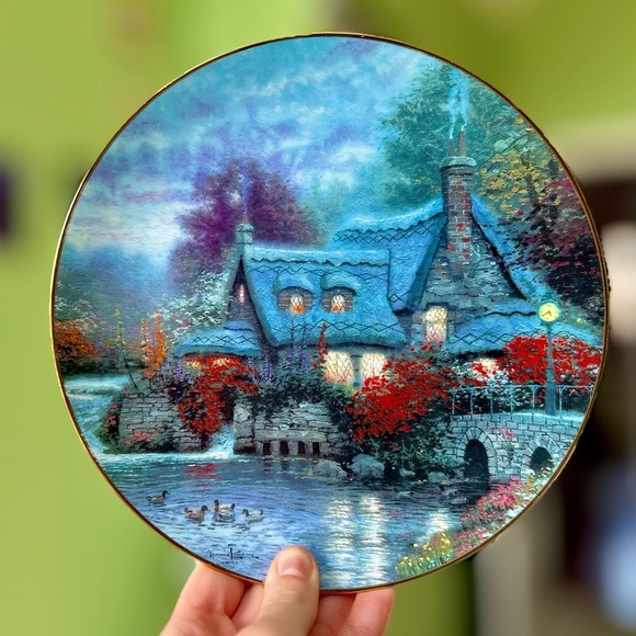 Thomas Kinkade Other - VTG Night Cottagecore Cabin Cottage On Water Whimsical Porcelain Wall Plate Art